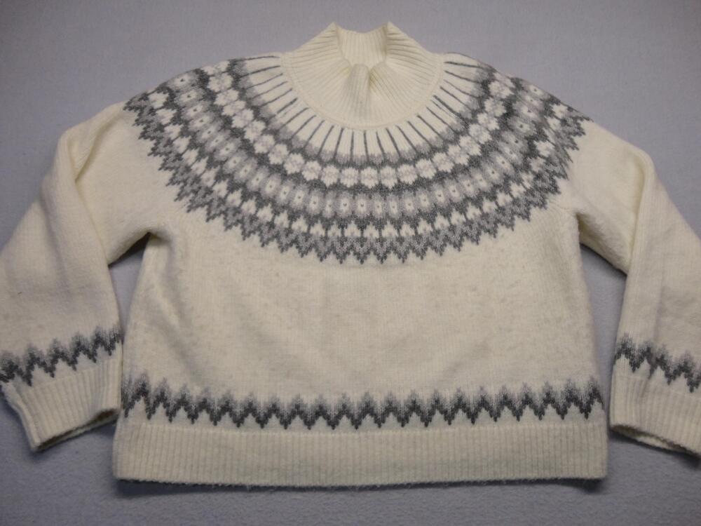 Gap Sweater Womens Large White Gray Fair Isle Mock Neck Chunky Knit Pullover